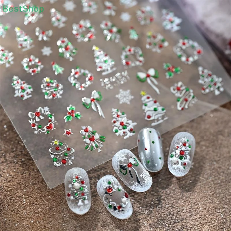 ♥ Autocollant pour Nail Art sur le thème de noël, décalcomanies 3D en Relief pour arbre de noël/couronne/renne, décor de manucure auto-adhésif à faire soi-même