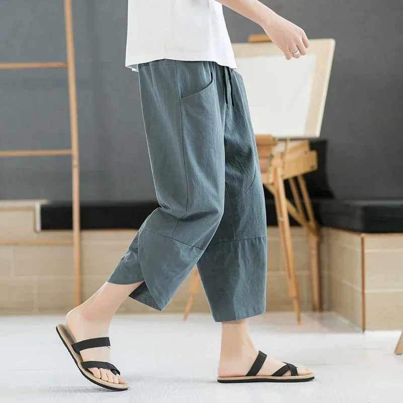 Men\'s Cotton Linen Casual Shorts 2024 Summer New Men Breathable Solid Color Linen Cropped Pants Fitness Streetwear Clothing