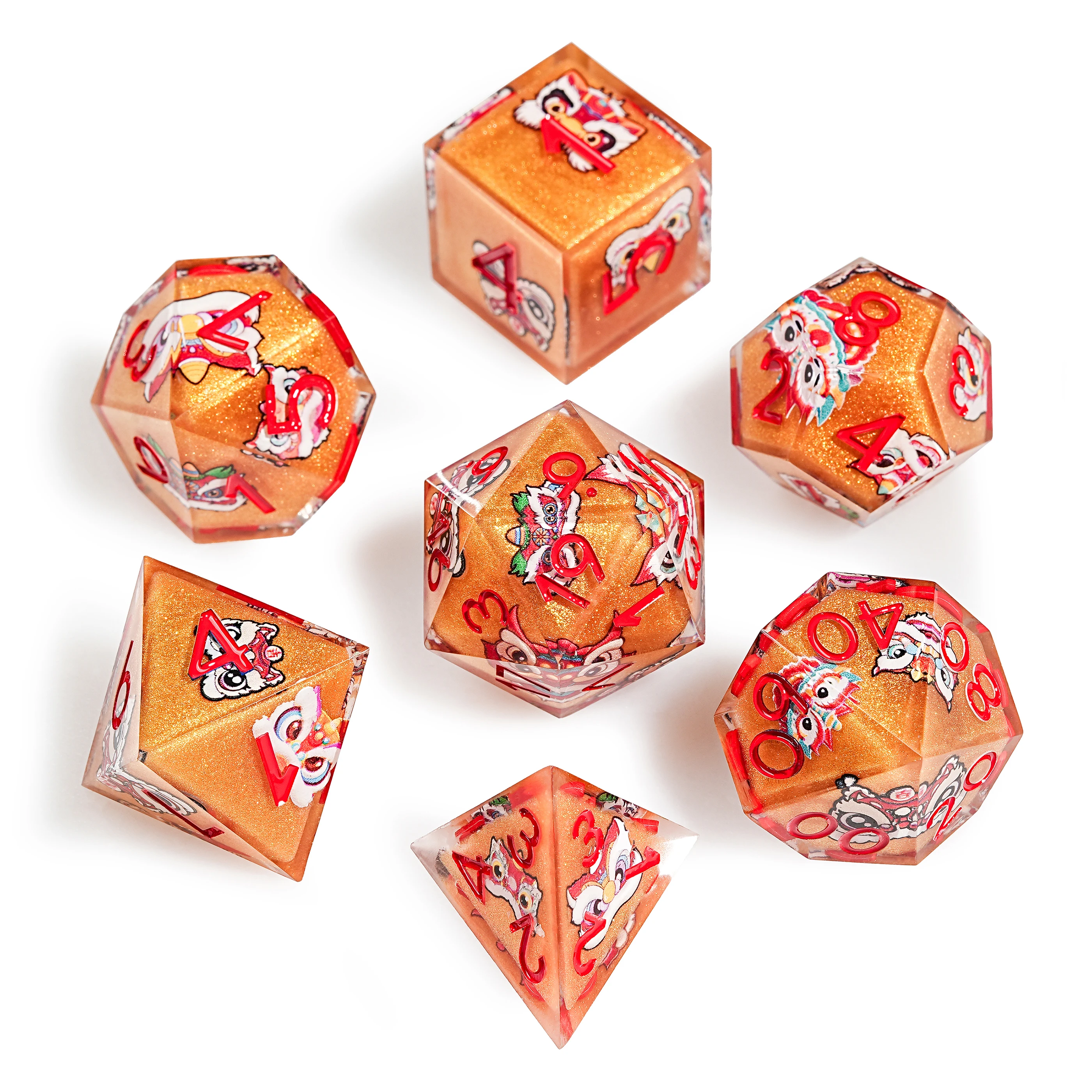 

1-7Pcs Golden Dance Lion Red Word Resin Dice Set Multi-sided Polyhedral Dice for D&D Game COC Role Playing RPG Table D6~D20