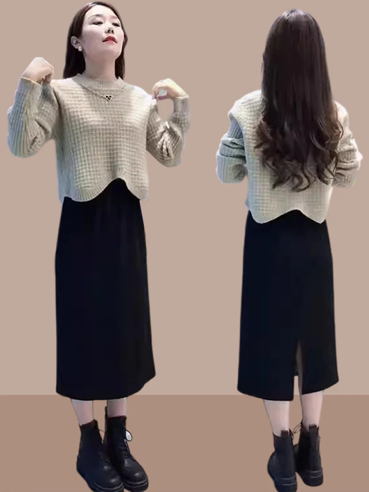 

Sli Two-Piece Set Dr Autumn Winter Faion Casual Loose Fit High Waist Long Sve round Ne Knitted Top And Skirt Set