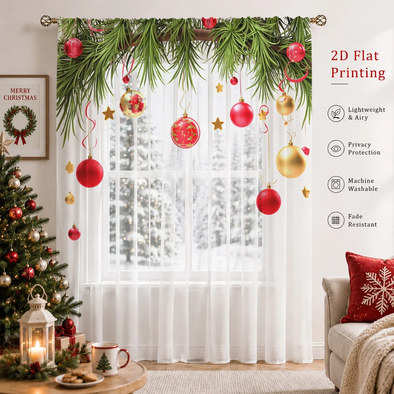 Christmas Gradient Sheer Curtain, Good Quality Light Reducing Privacy Voile for Living/Bedroom/Kids Room,Christmas's Day Gift - view 3