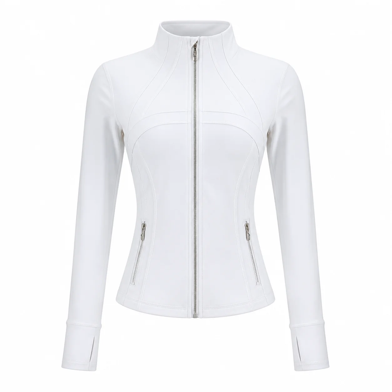 Women's White Slim Fit Full Zip Sports Jacket Stand Collar Long Sleeve Thumbhole Workout Running Yoga Outerwear