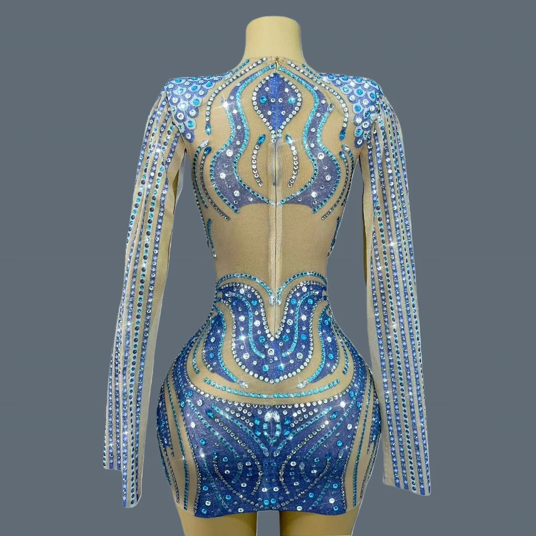 High-end prata azul strass vestido de cocktail brilhante apertado encaixe pura malha mini vestido de baile vestido de noite mostrar roupa lanmao