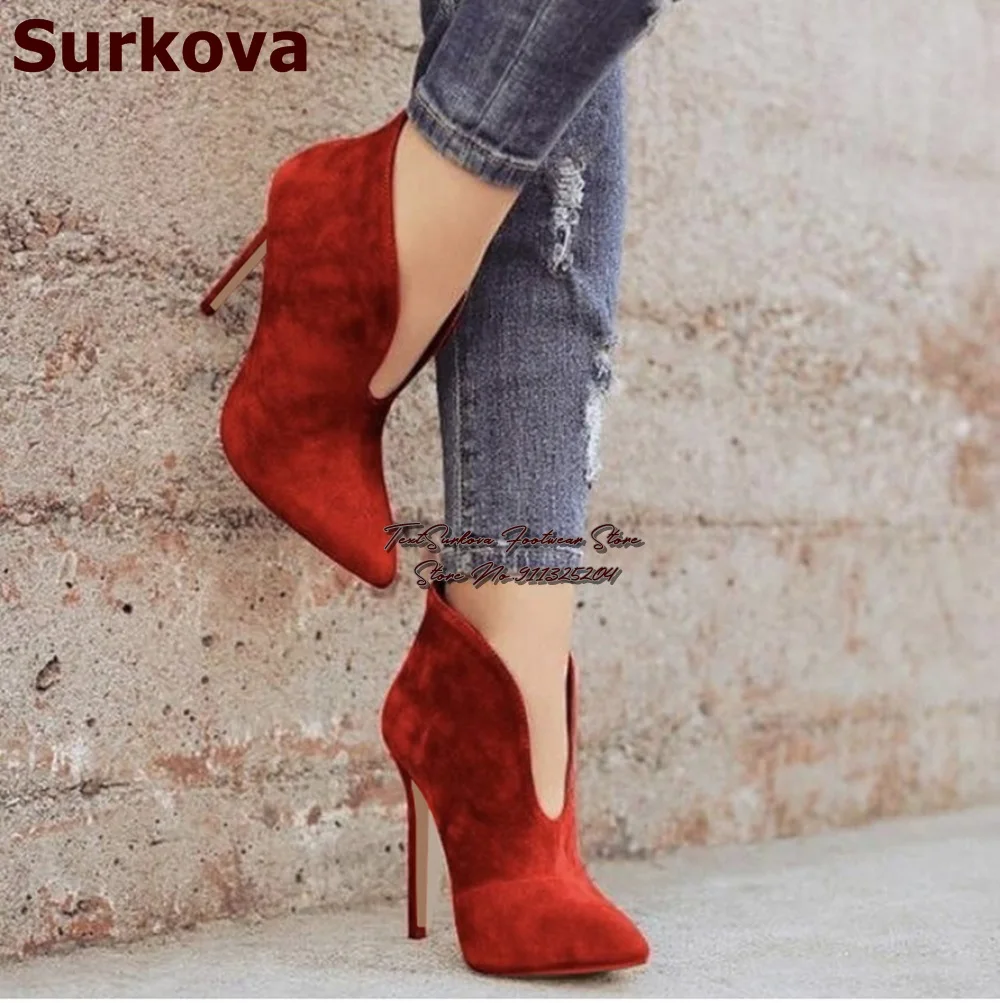 Surkova Thin High Heel Ankle Boots Suede Shallow V Cut Open Toe Dress Shoes Women Graceful Gladiator Boots Pointed Toe Pumps