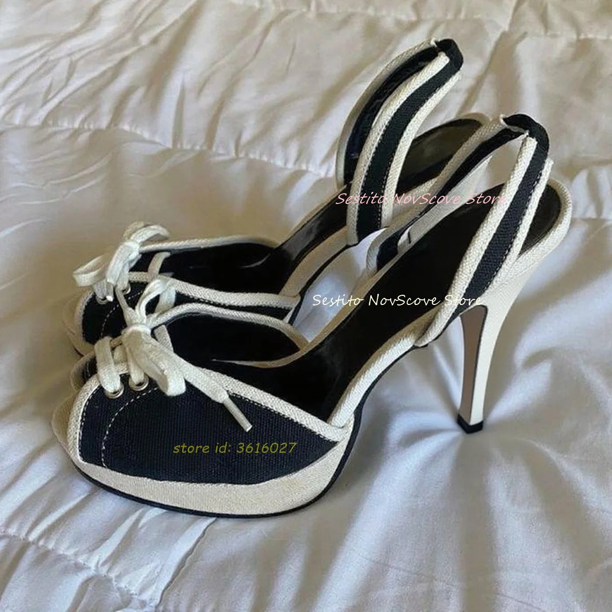 

Peep Toe Lace Up Stiletto Sandals Cloth Upper Sewing Lace Up Back Straps High Heels Slip On Pumps Sexy Women Sports Style Shoes