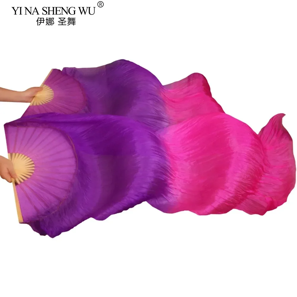 

100% настоящий шелк, вееры для танца живота, 1 пара бамбуковых ребер, окрашенные вручную натуральный шелк, вееры для танца живота, градиент, фиолетовый + роза, 180x90 см