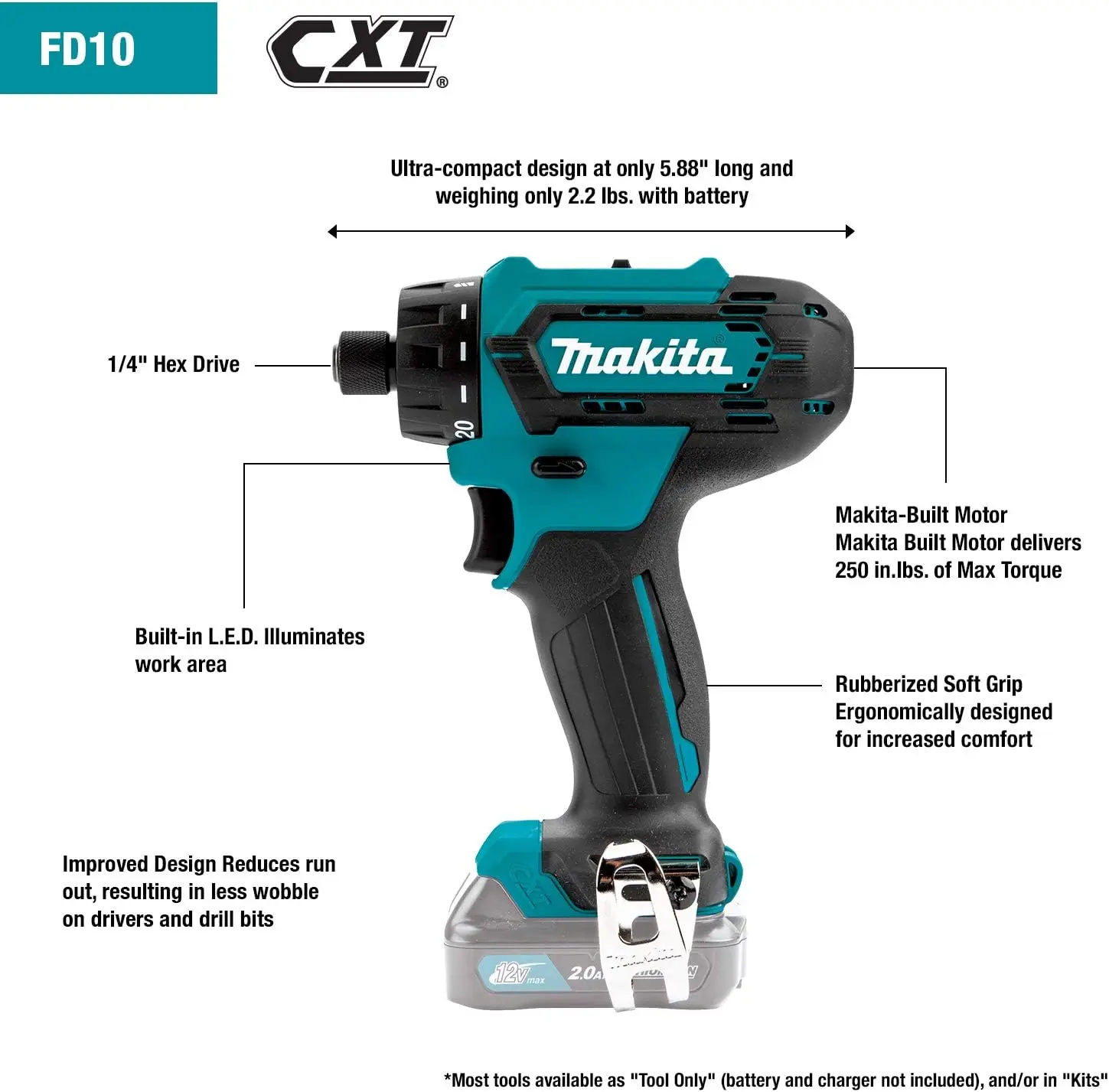 FD10R1 12V máx. CXT ®   Kit de taladro conductor hexagonal inalámbrico de iones de litio de 1/4" (2,0 Ah)