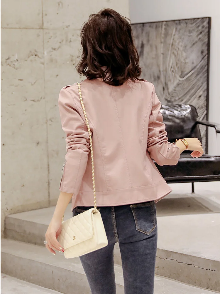 Pink Chic New Women Leather Jacket Spring Autumn Fashion Stand Collar Slim Short Sheepskin Jacket Split Leather Biker Outerwear