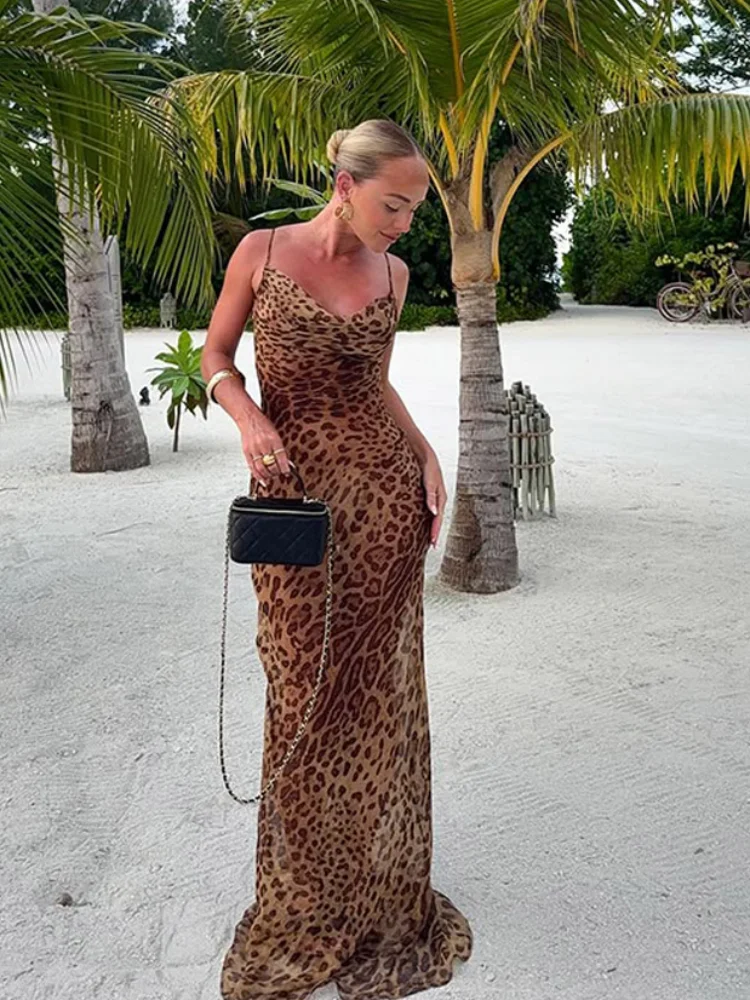 Sexy Leopard Print Spaghetti Strap Lace Up Maxi Dress Fashion Sleeveless Backless V Neck Gown New Lady Vacation Beach Robes 2025