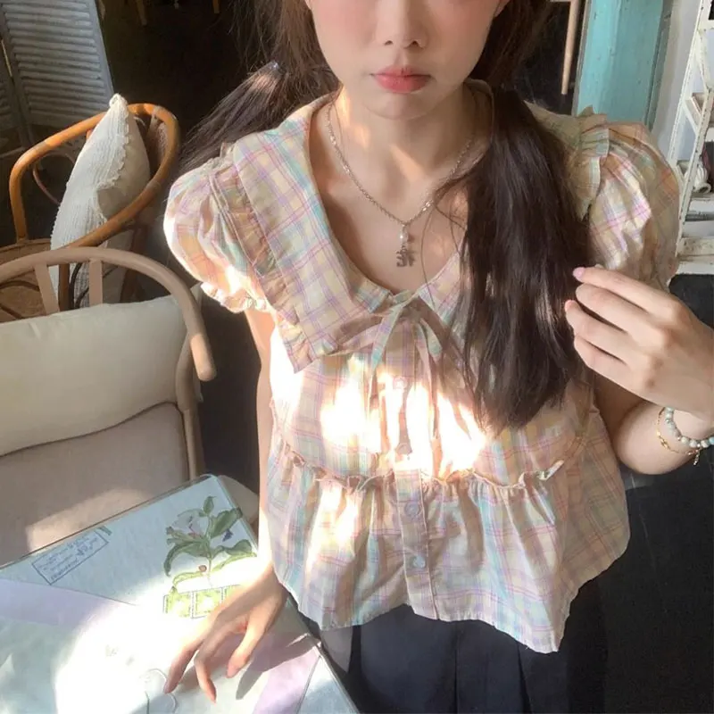 Summer Sweet Color Plaid Blouse Vintage Doll Collar Fashion Drawstring Women\'s Clothing Thin Casual Loose Single-breasted Shirt