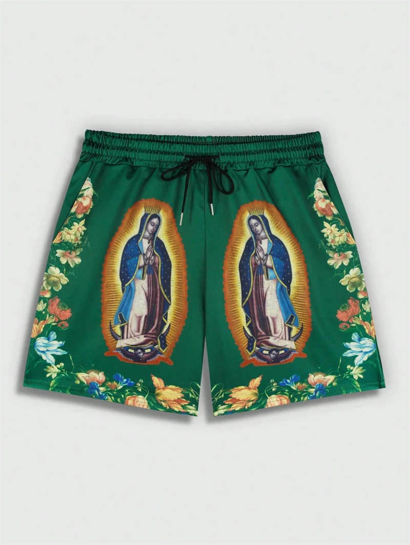 

Новые мужские шорты оверсайз 2026 года с 3D-принтом «Дева Гваделупская» и цветочным узором в стиле Y2K, повседневные, для уличной моды и пляжа