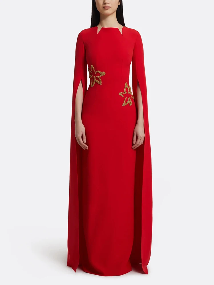 

Sexy Long Sleeve Diamond Floral Embroidery Maxi Dress Women Red Cape Sleeve Beaded Slim Dresses Evening Party Gowns