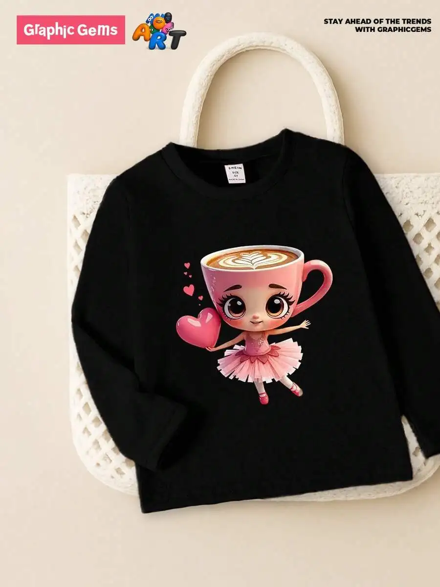 

Black Long Sleeve Tee with Cute Ballet Girl in Coffee Cup Print, Sweet Style for Kids