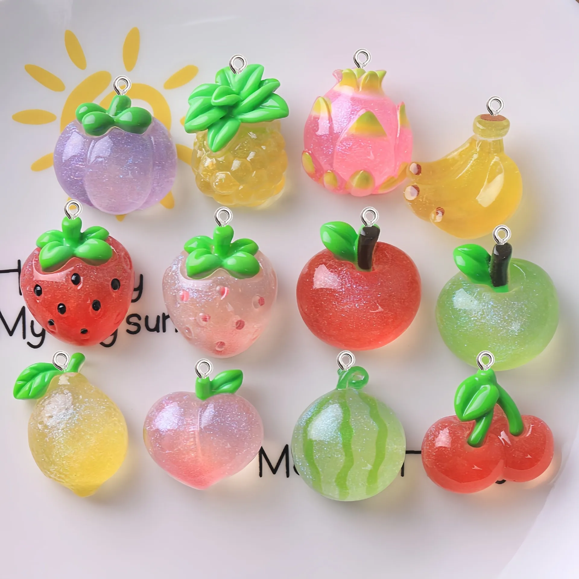 10Pcs Cute Strawberry Apple Fruit Flat Back Resin Pendants DIY Earrings Keychain Jewelry Clothing Making Decorative Accessories