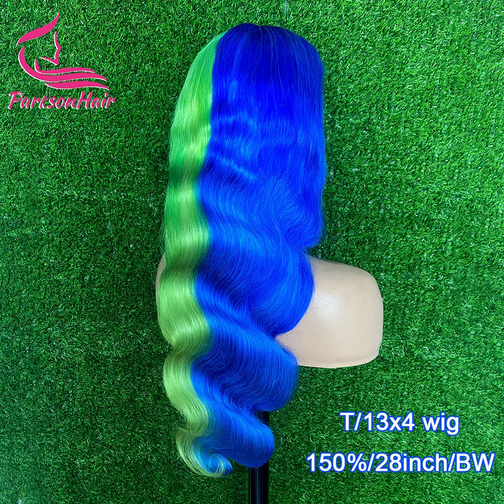 شقراء ملونة 13x4 13x6 الدانتيل الشفاف الجبهة باروكة من شعر طبيعي الجسم موجة الأزرق مع الدانتيل الأخضر شعر مستعار أمامي للنساء قبل قطعها