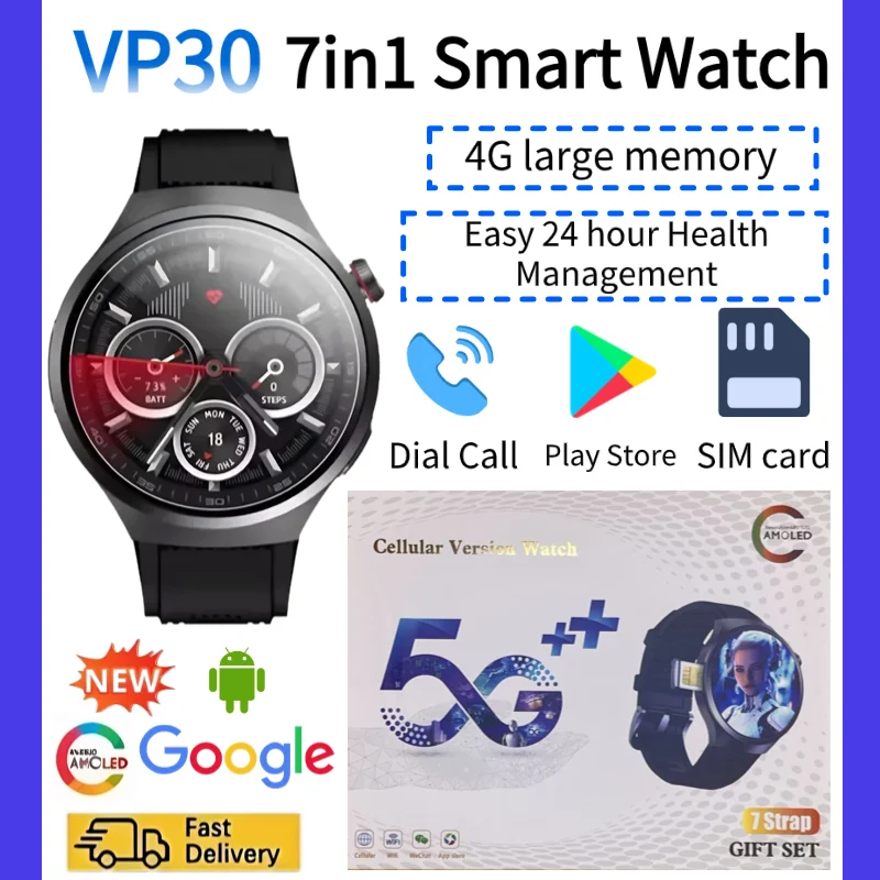 

2025 VP30 5G Smart Watch 128GB Large Storage Android OS AMOLED Display Dual SIM Support 1100mAh Battery Waterproof Fitness