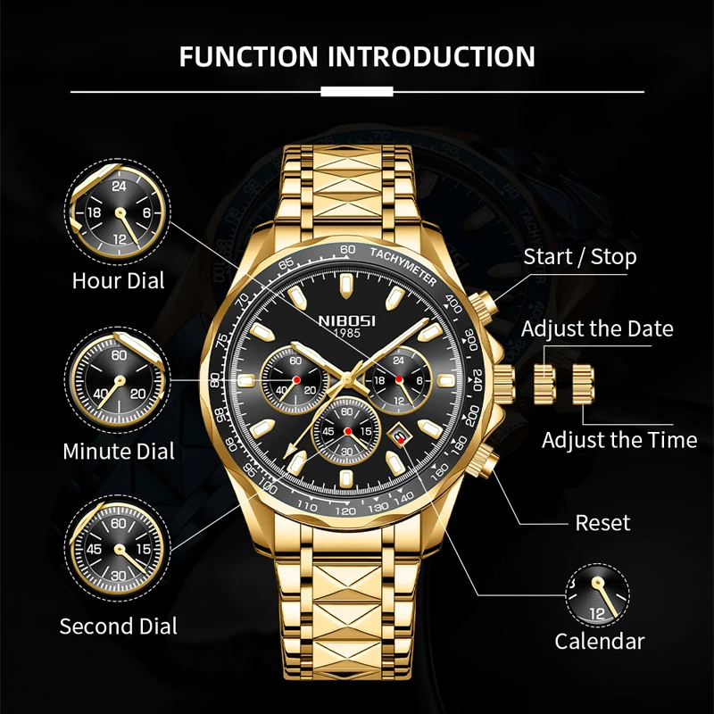 NIBOSI Brand Fashion Quartz Watch for Men Stainless Steel Waterproof Luminous Luxury Chronograph Watches Mens Relogios Masculino