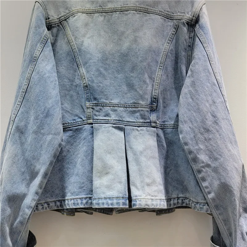 Spring New Ruffle Hem Jeans Jacket Women Vintage Washed Blue Short Coat Turndown Collar Single-Breasted Long Sleeve Denim Jacket - Image 6