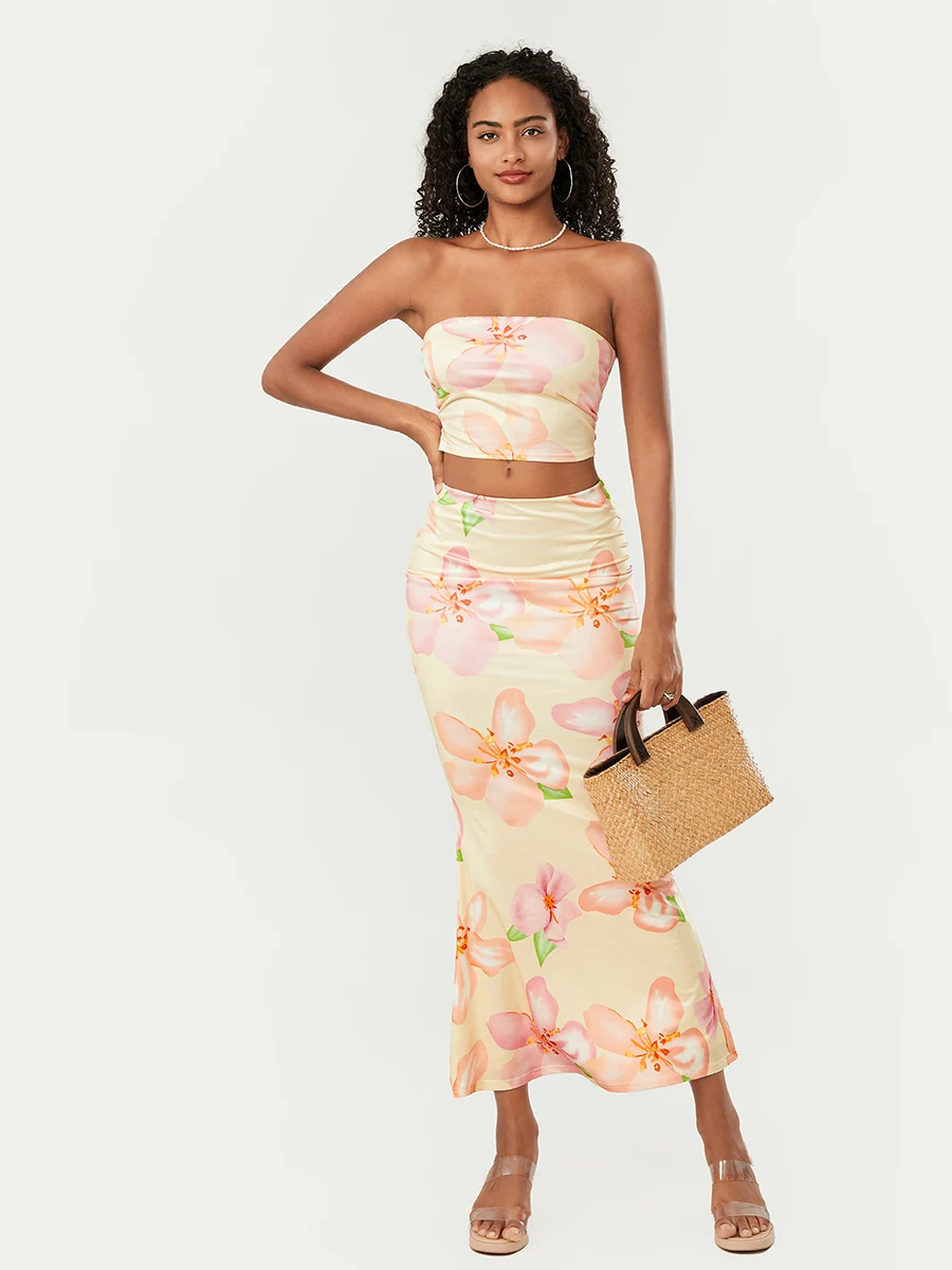 

Women s Summer Floral Print 2 Piece Outfit Crop Tube Tops and Bodycon Long Skirts Set Beachwear