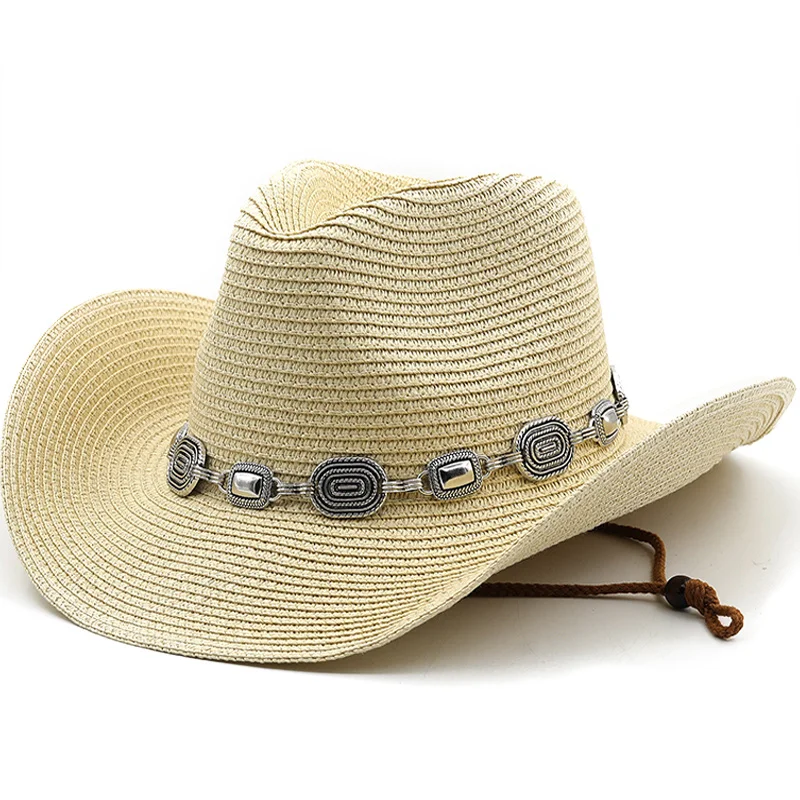 

Fashion Hollowed Handmade Cowboy Straw Hat Women's Men's Summer Outdoor Travel Beach Hats Unisex Solid Western Sunshade Jazz Cap