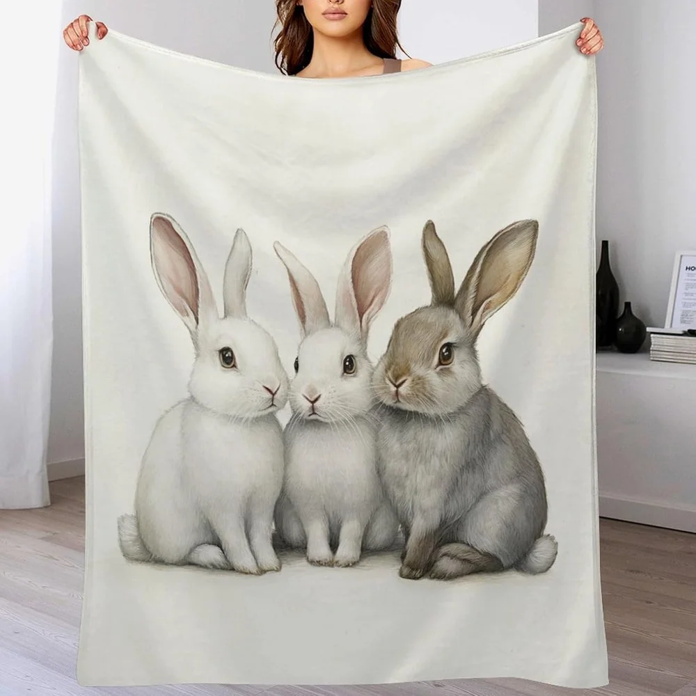 Three Bunnies Ancient Pattern Flannel Throw Blanket, Cute Bunny Rabbit, Plush, Ultra Soft Bedspread, for Home, Bed, Couch, for