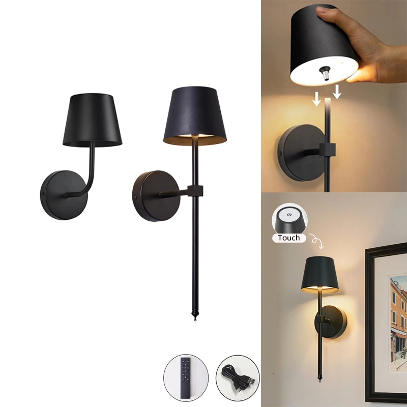 

Retro LED Wall Lamp Wiring Free Iron Touch Remote Dimmable For Bedroom Bedside Living Room Staircase Bar Indoor Lighting Fixture