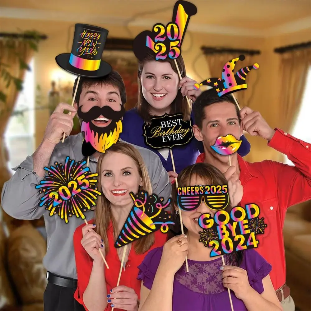 30 pçs colorido 2025 ano novo fotografia adereços dos desenhos animados diy photo booth adereços papel elegante feliz ano novo decoração
