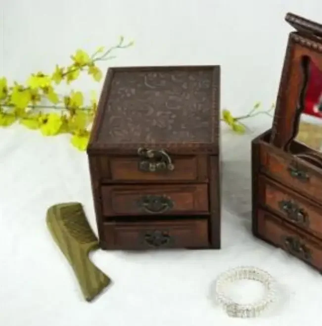 Classic antiquity belt mirror wooden jewel box dressing box compound desktop storage box