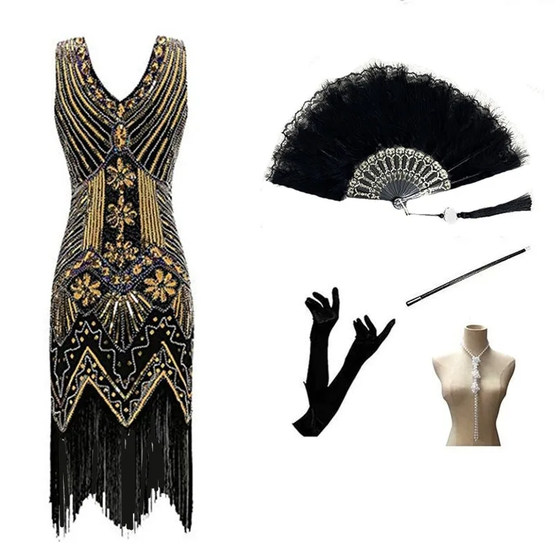 

1920S Retro Sequined Beaded Dress Cross Border Explosion Front Rear Deep V Neck Fashion Trend Fringed Evening Banquet Dress