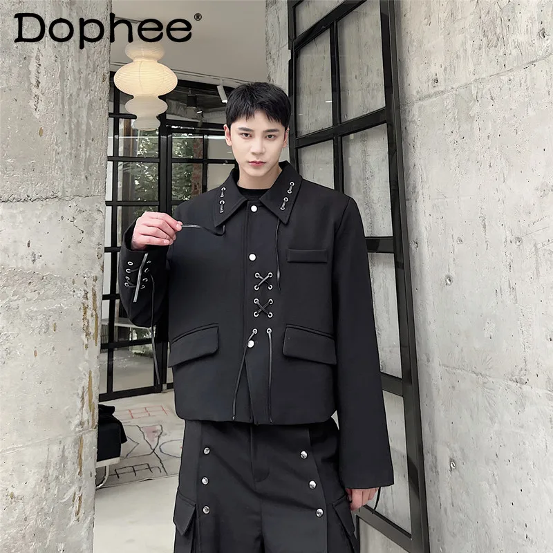 

Men's Jackets 2025 Spring Autumn New Lapel Lace-Up Trendy Retro Stylish Jackets Male Chic High-End Short Style Long Sleeve Coats