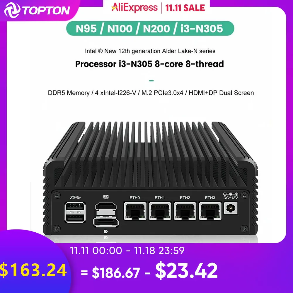 12th Gen Intel i3 N305 N200 N100 4xi226-V 2.5G LAN Fanless Mini PC Firewall DDR5 4800MHz Proxmox ESXi Soft Router Host Server