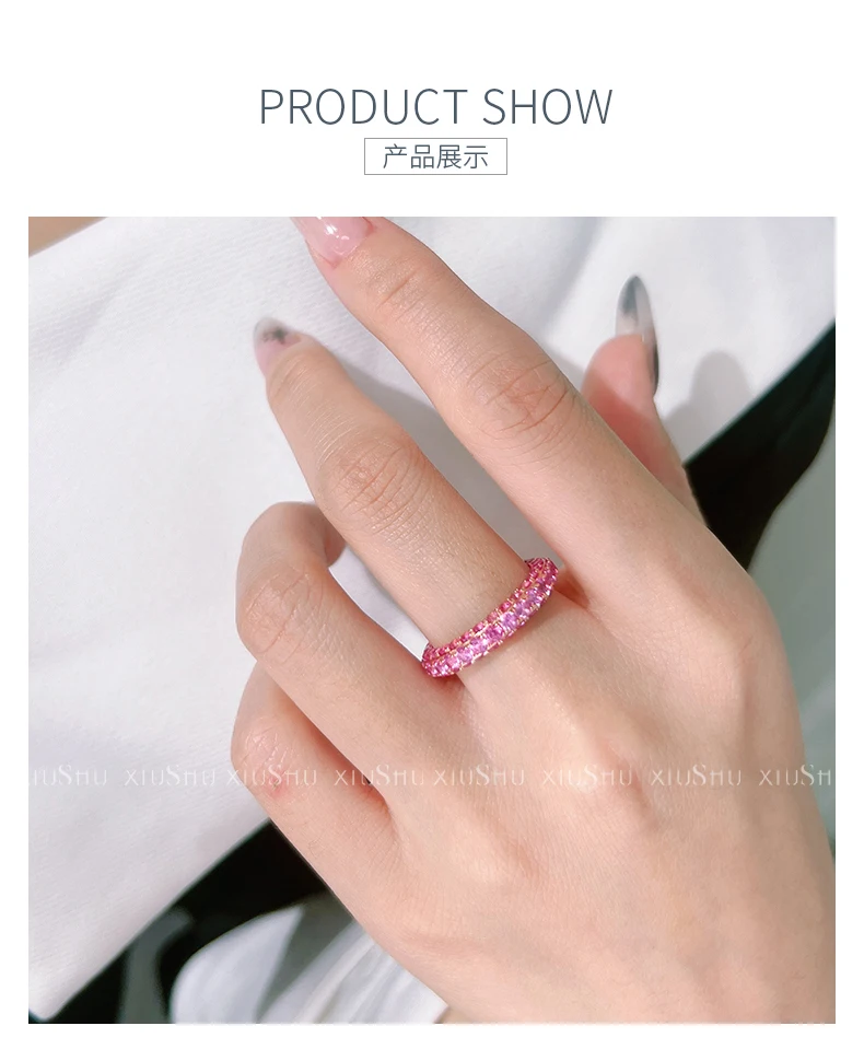 Full diamond micro inlaid artificial pink diamond 925 sterling silver finger ring with diamond arrangement, wedding jewelry