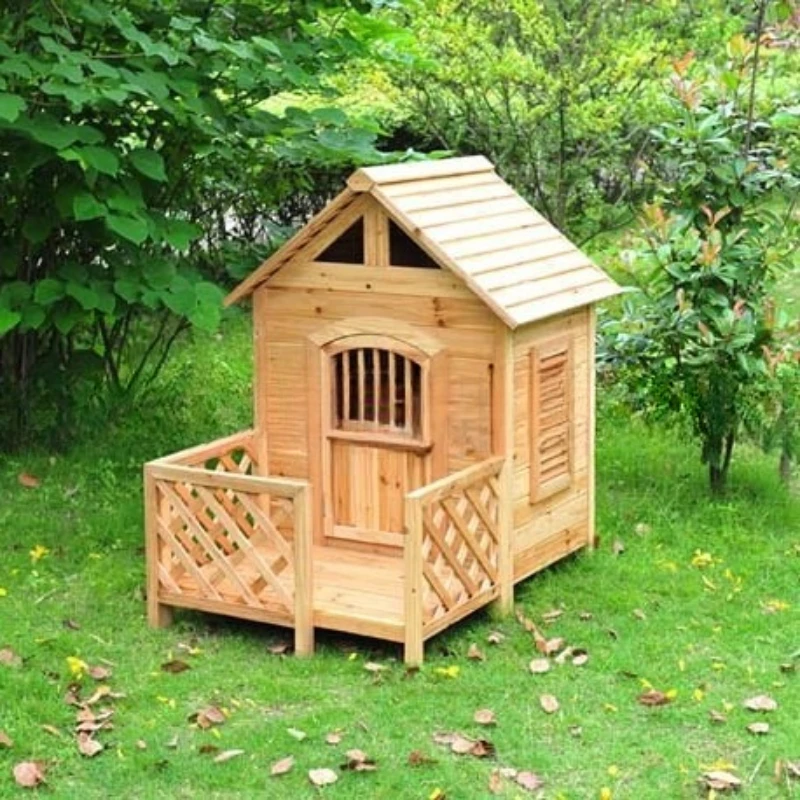 

Outdoor courtyard Solid wood dog house Sunscreen Small and medium dog cage with balcony Universal in all seasons