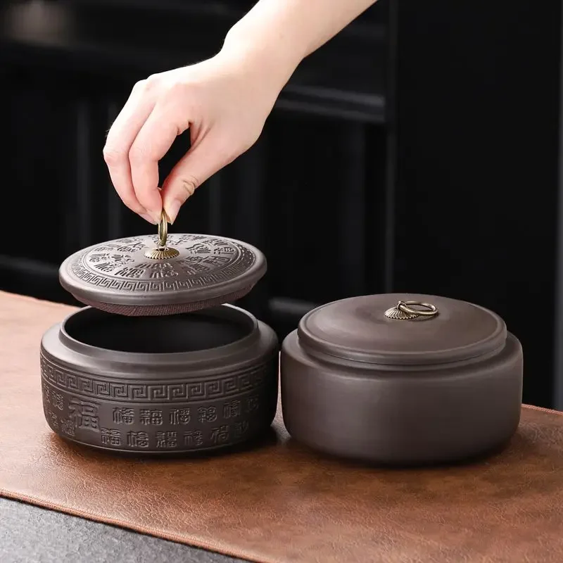 Creative Round Pie-shaped Ceramic Tea Jar Delicate Moisture-proof Sealed Purple Sand Jar Retro Nut Food Storage Container Decor