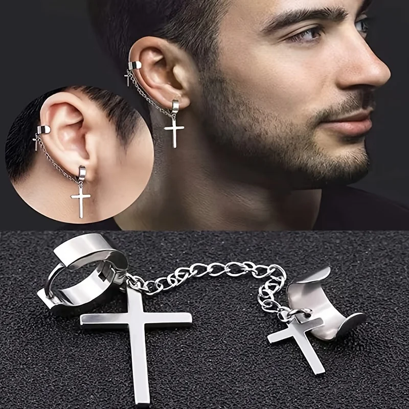 2pcs Unisex Punk Fashion Stainless Steel Cross Chain Pendant Ear Studs & Clips Hoop Earrings for Men Women Daily Wear Jewelry