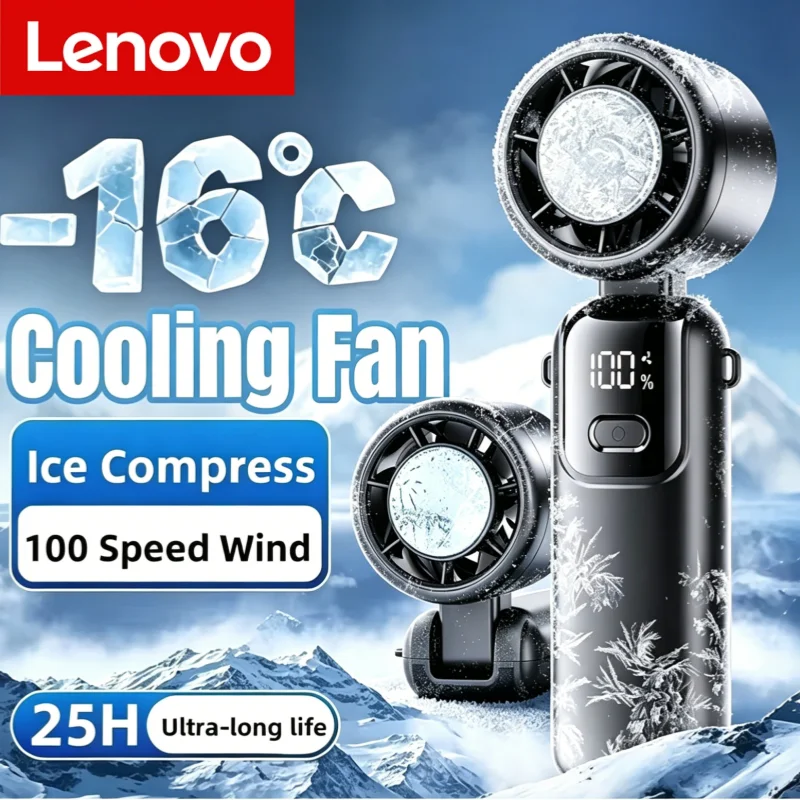 Lenovo Ice Cooling Handventilator, Hochgeschwindigkeits-Turbo-Ventilator mit mehreren Gängen, tragbarer USB-Tischventilator, faltbar/hängbar, schnelle Kühlung mit Eiskompresse