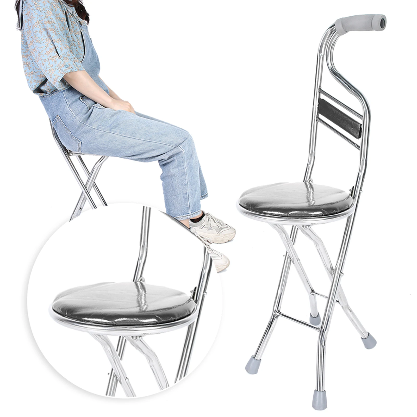 مقعد عصا يد قابل للطي للمشي ، فولاذ مقاوم للصدأ لكبار السن ، قصب سميك بأربعة أرجل ، عصا يد للمشي #1