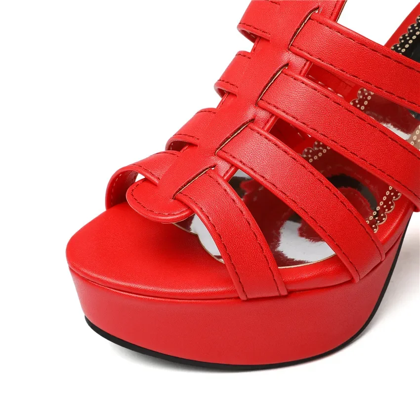 Gladiator Platform Sandals Women High Chunky Heels Red Black Party Club Ladies T-strap Summer Zipper Ankle Strap Shoes Plus Size