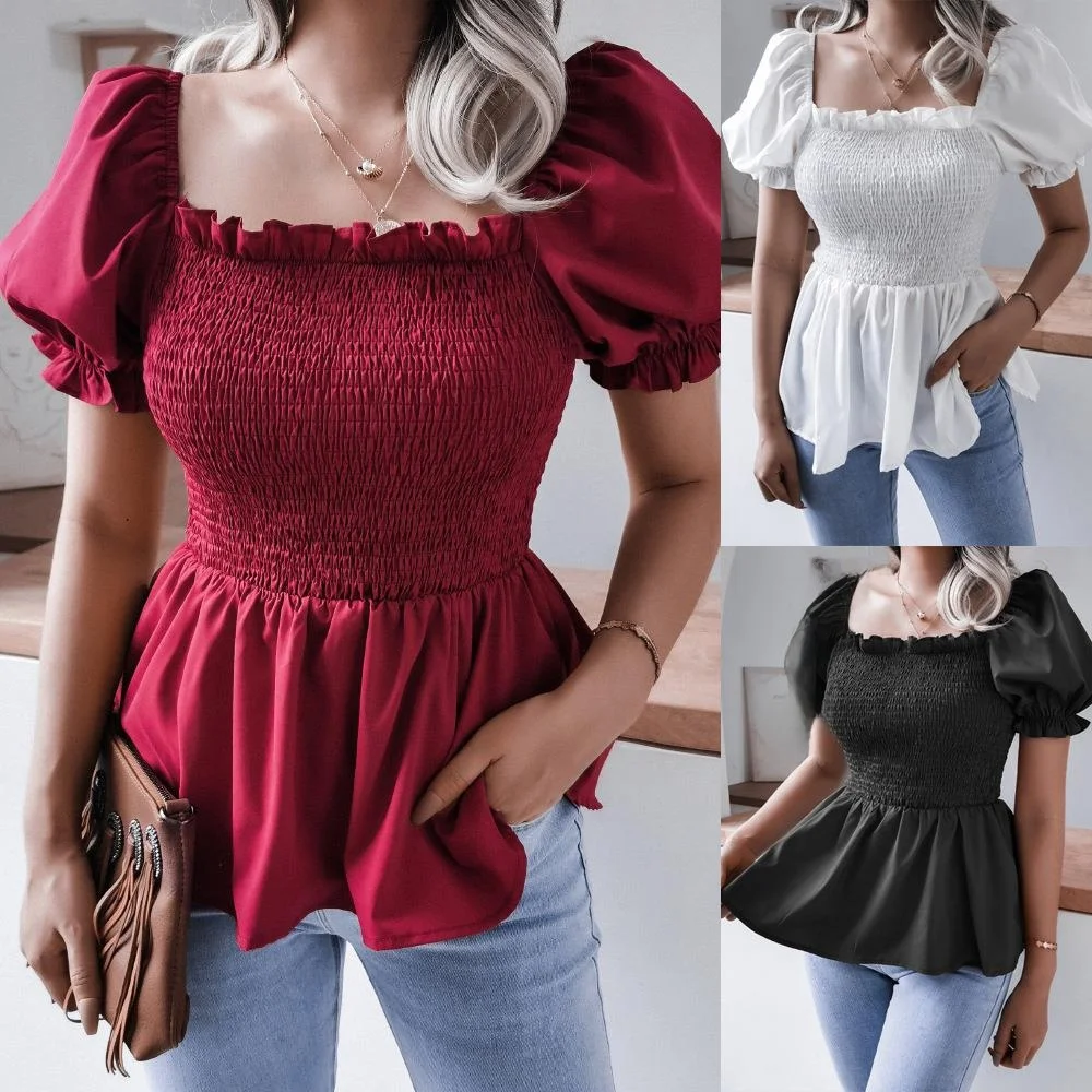 

Summer New Casual Lantern Sve Hem Lace Trim Chiffon Top Women's Cross-Border Faion ort Sve Autumn Wear