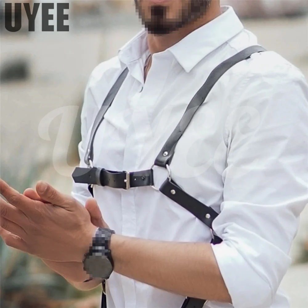 UYEE الشرير حزام تسخير الموضة رجل بولي Leather الجلود الملابس الداخلية للرجال الوثن الجسم قفص مثلي الجنس الملابس الحمالات الهذيان حزام القوطية الأشرطة