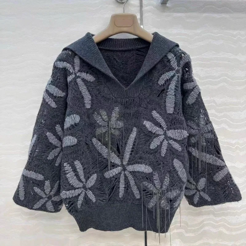 

Women's cashmere sweater in high-quality luxury knitted hook and loop metal copper chain hollow sweater sweater