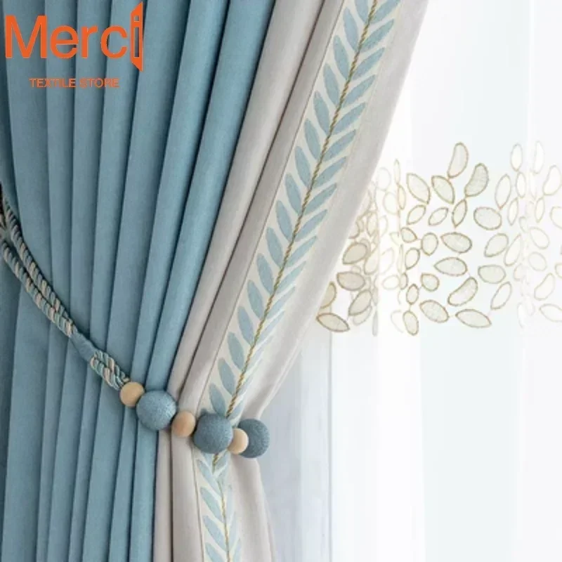 

Modern Blue Curtains for Living Dining Room Bedroom Chenille Lace Stitching Thickening High Shading Window Drape Custom Size