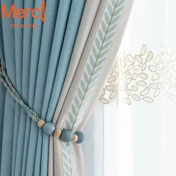 Modern Blue Curtains for Living Dining Room Bedroom Chenille Lace Stitching Thickening High Shading Window Drape Custom Size