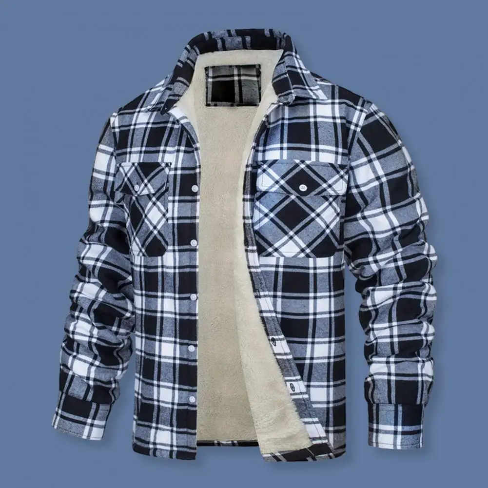 Chaqueta a cuadros de manga larga para hombre, abrigo informal de longitud media, holgado, grueso, con bolsillos de felpa suave y solapa, Otoño e Invierno