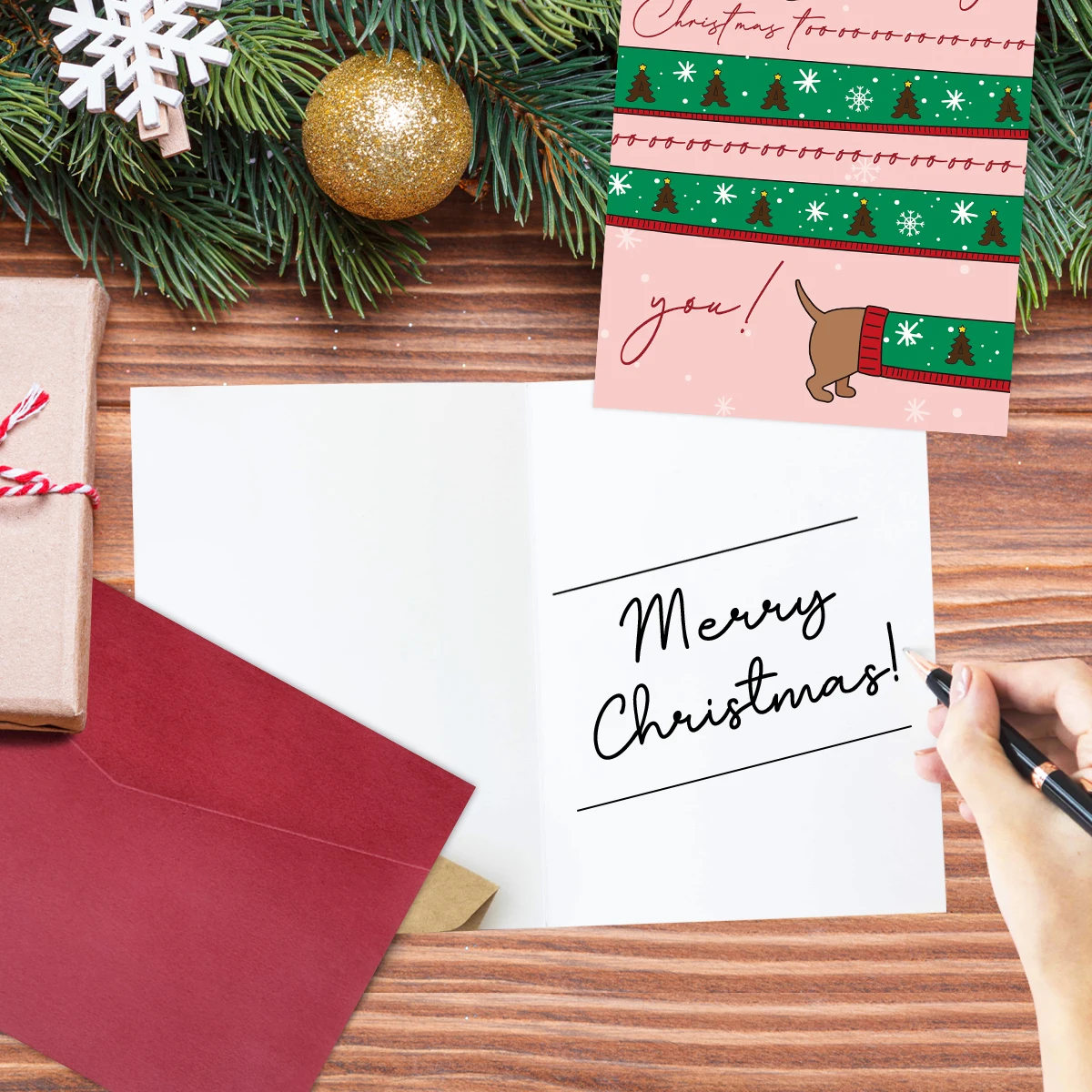 1 Stück, niedliche Weihnachtskarte mit einem langen Würstchenhund-Motiv, mit der Botschaft „Frohe Weihnachten für Sie“, ein Geschenk für Familie und Freunde, ideal für den „Secret Santa“-Austausch. – Detail 3
