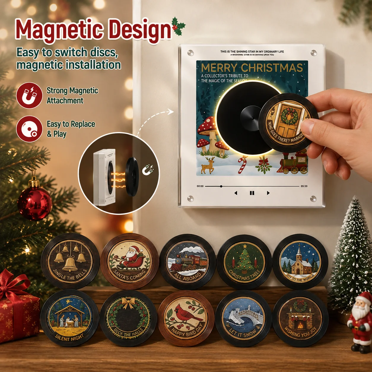 Christmas Fridge Magnet NFC Automatic Singing Record Player With 9 Replaceable Discs&Night Light Fridge Ornament Christmas Gift
