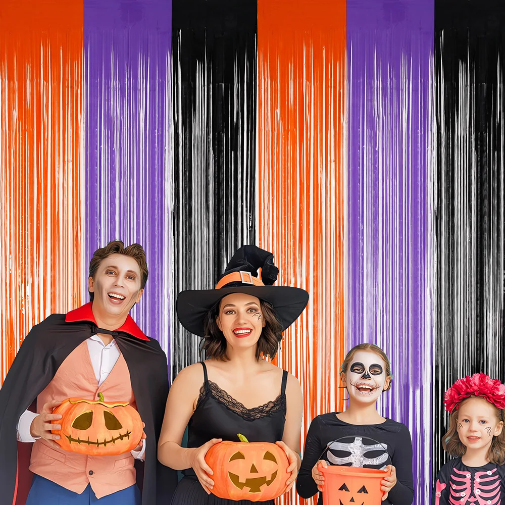 2M Oranje Paars Zwart Halloween Feest Dans Achtergrond Decoratie Kwast Gordijn Macaron Kleur Bijpassende Regen Zijde Deur Gordijn
