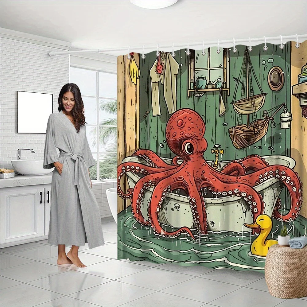 Octopus in Bathtub Shower Curtain – Cartoon Octopus & Yellow Duck, Vintage Tub Art, Polyester, Includes Hooks, multiple sizes