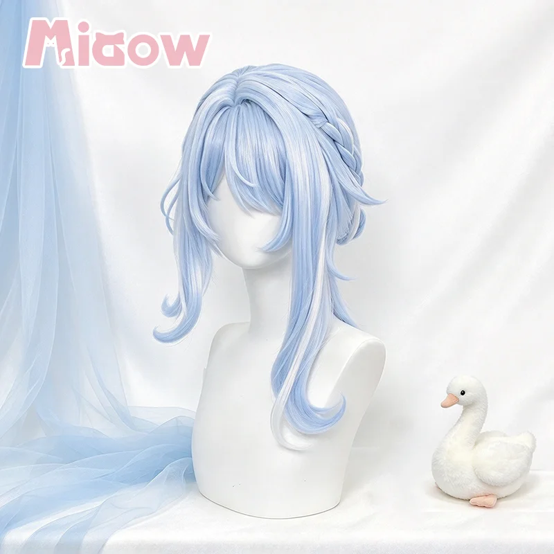 Genshin Impact Odette Cosplay Wig, Light Blue Gradient White Braided Bun Updo Heat Resistant Synthetic Wig