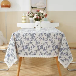 Vintage Washable Tablecloths Rectangle Blue Pattern Dust-Proof Cotton Linen Fabric Kitchen Dining Holiday Party Table Decoration